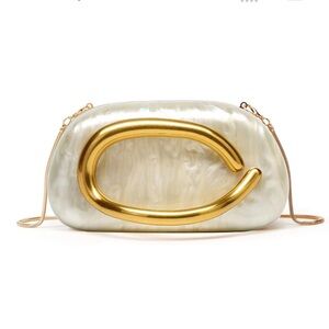 Hard Shell Pearl Clutch Crossbody Purse Gold Evening Handbag Wedding NYE Party